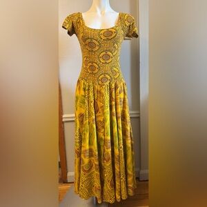 Yellow Printed Scoop-Neck Midi Dress